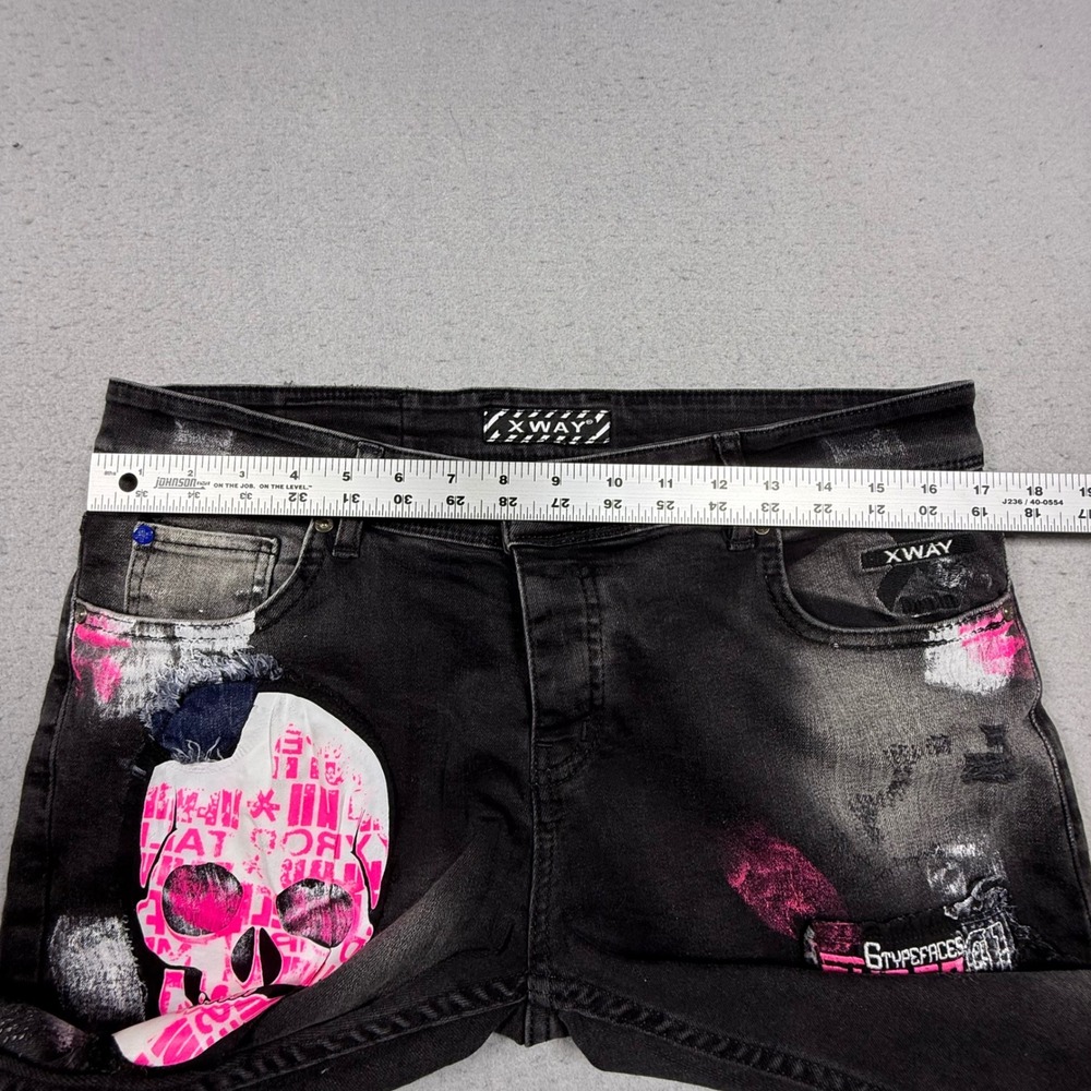 XWAY Mens Black Denim Jeans Pink Skull Cyber Grotesk Distressed Streetwear 36 - Picture 6 of 10